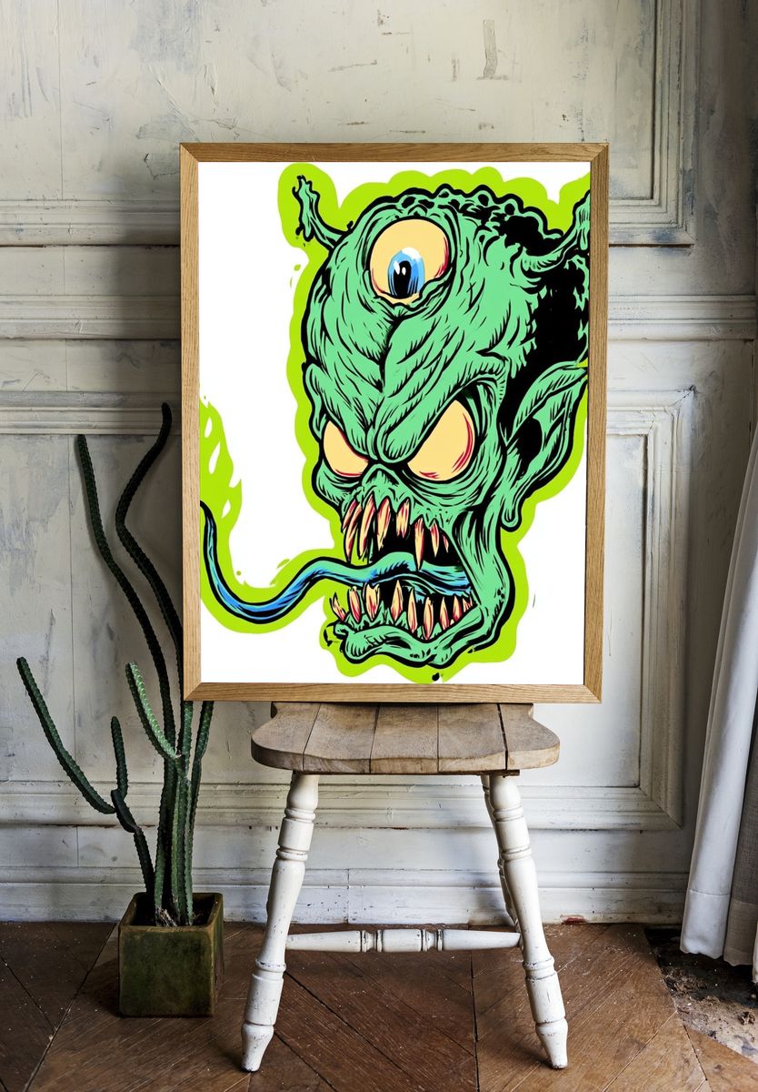 Green Monster Head Illustration Poster. — room view 1