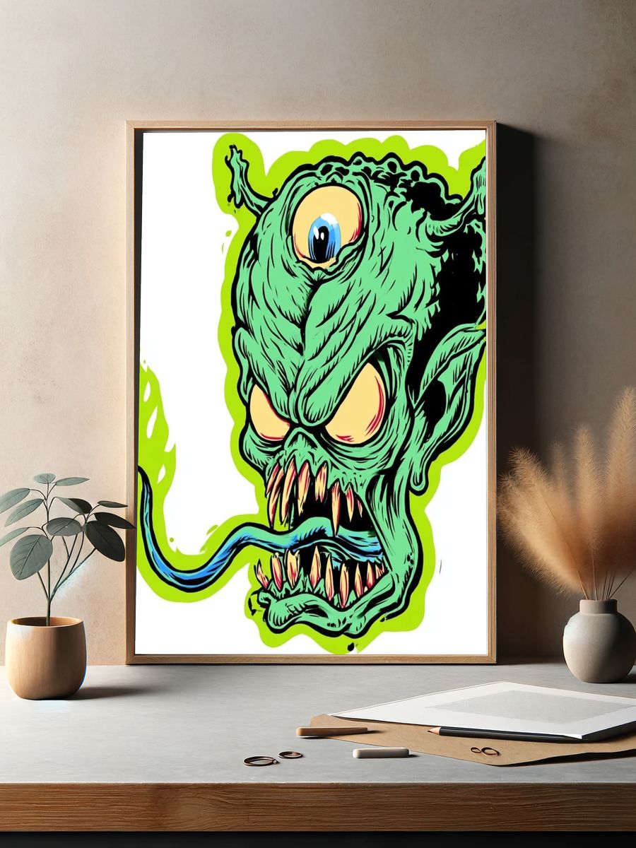 Green Monster Head Illustration Poster. — room view 2