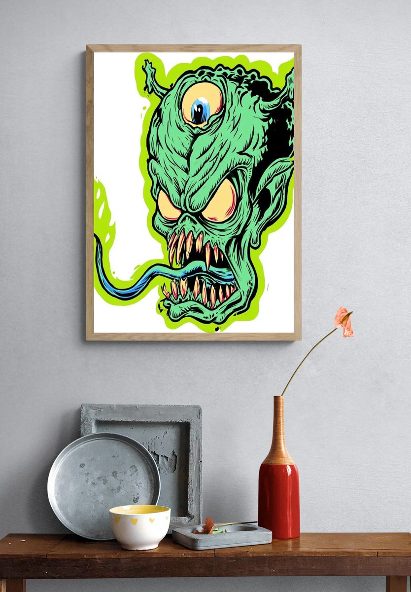 Green Monster Head Illustration Poster. — room view 3