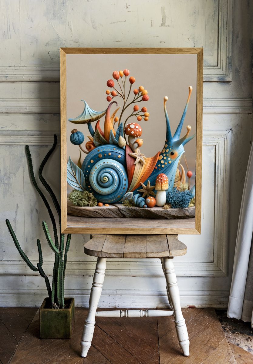 Whimsical Snail Sculpture Print. room preview