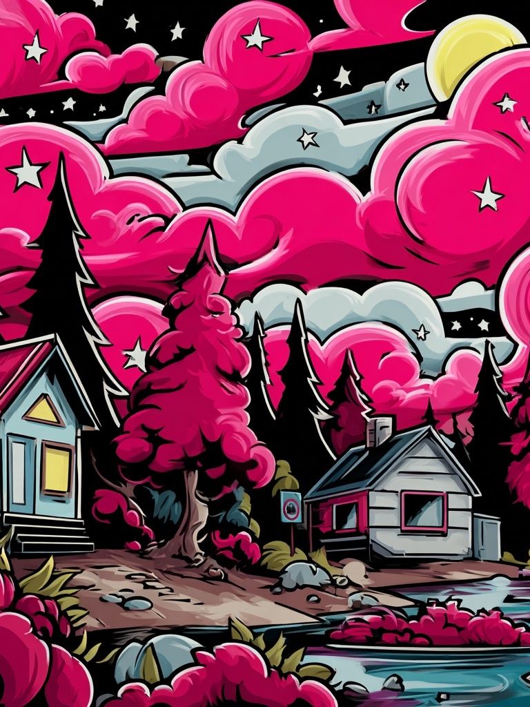 Neon Pink Forest Cabin Print. poster — illustration art