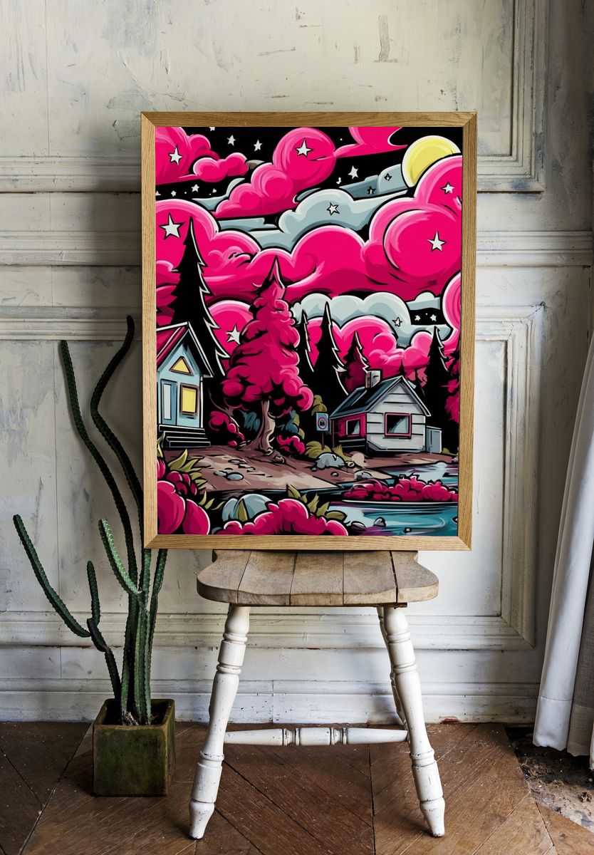 Neon Pink Forest Cabin Print. room preview