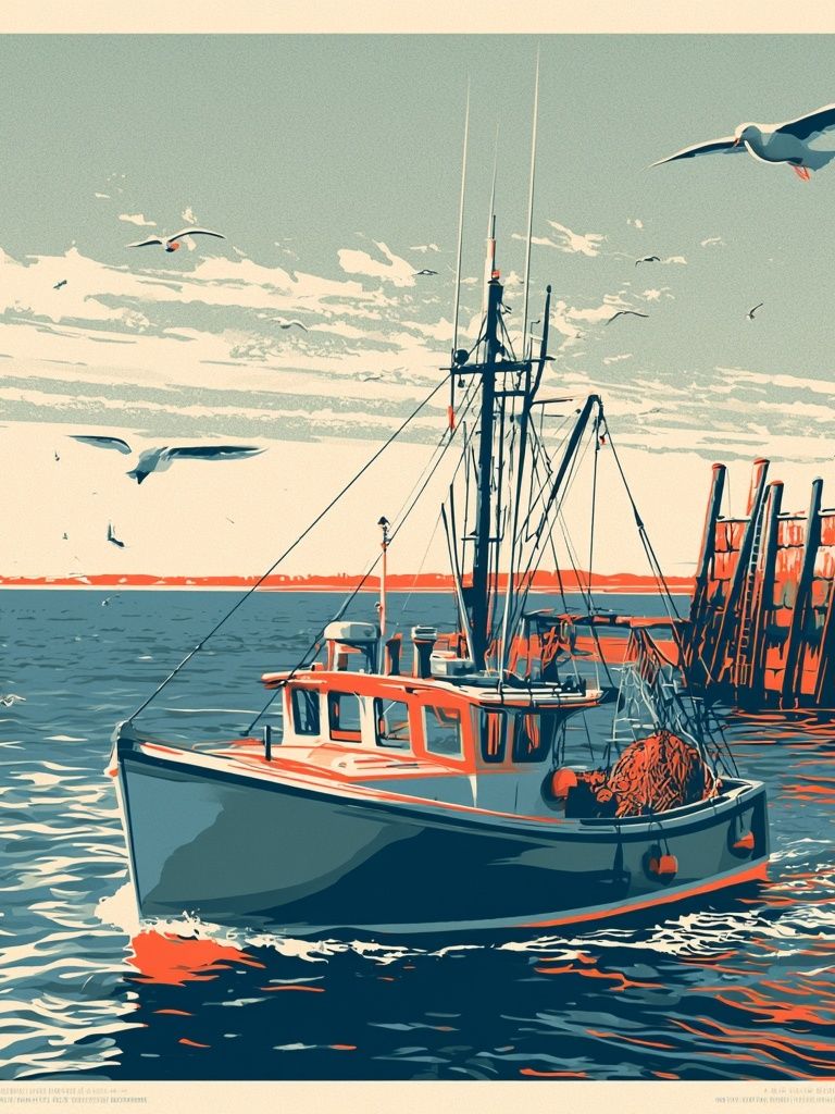 Harbor Fishing Boat Vintage Print. poster — illustration art