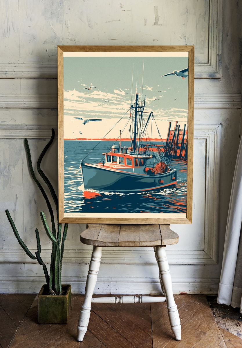 Harbor Fishing Boat Vintage Print. — room view 1