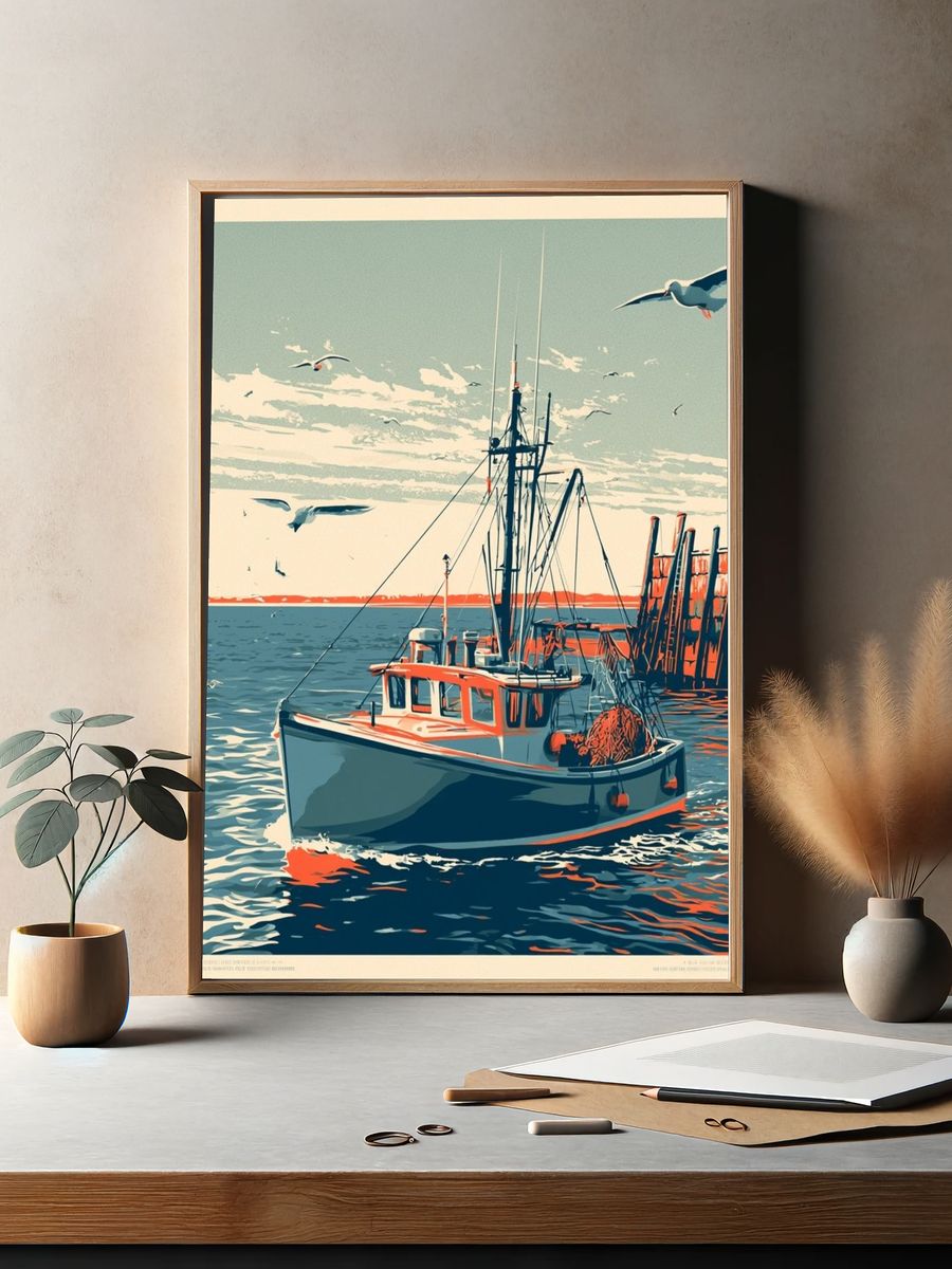 Harbor Fishing Boat Vintage Print. — room view 2