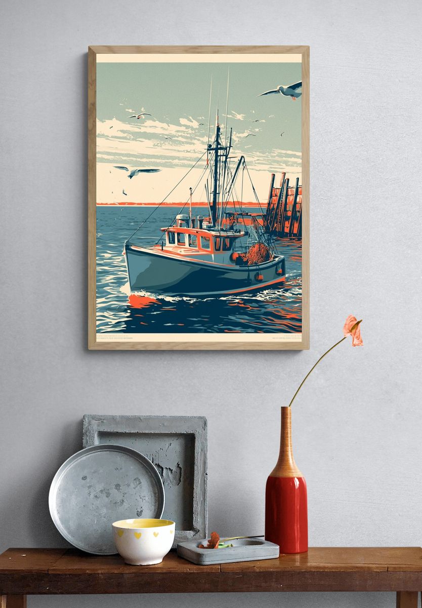 Harbor Fishing Boat Vintage Print. — room view 3
