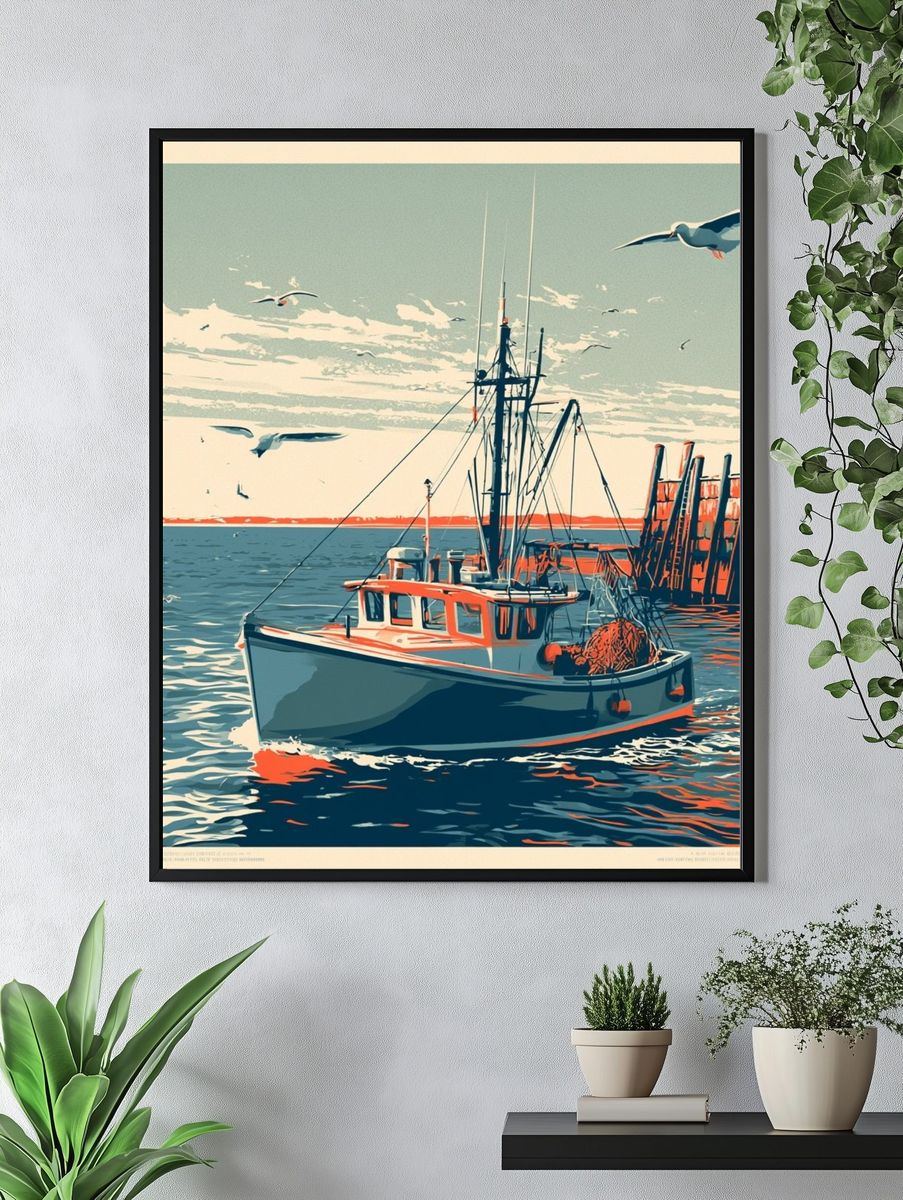 Harbor Fishing Boat Vintage Print. — room view 4