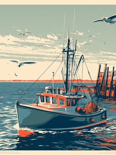 Harbor Fishing Boat Vintage Print. poster