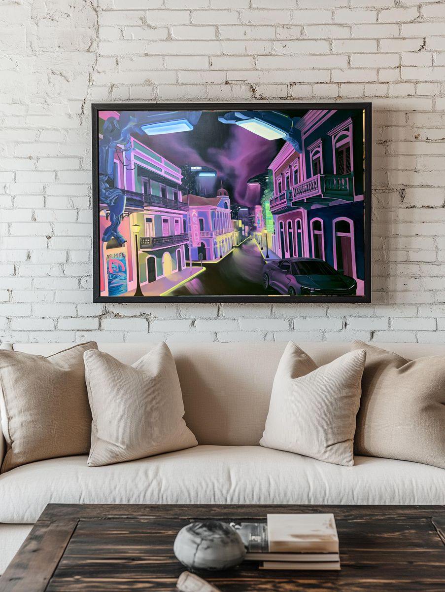 Neon Caribbean Street Poster. room preview
