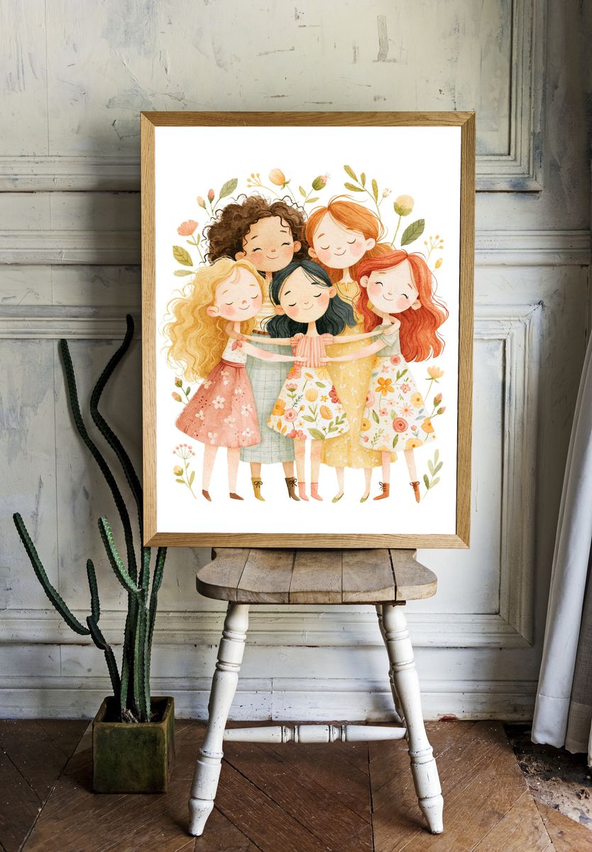 Girls Friendship Watercolor Print. room preview