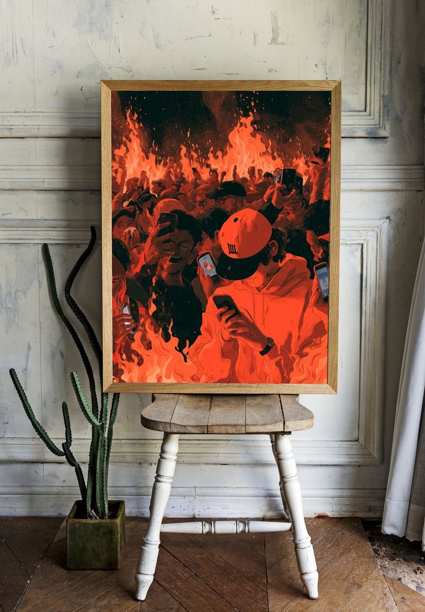 Fiery Crowd Digital Art Poster. — room view 1