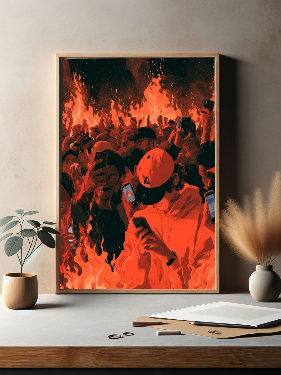 Fiery Crowd Digital Art Poster. — room view 2