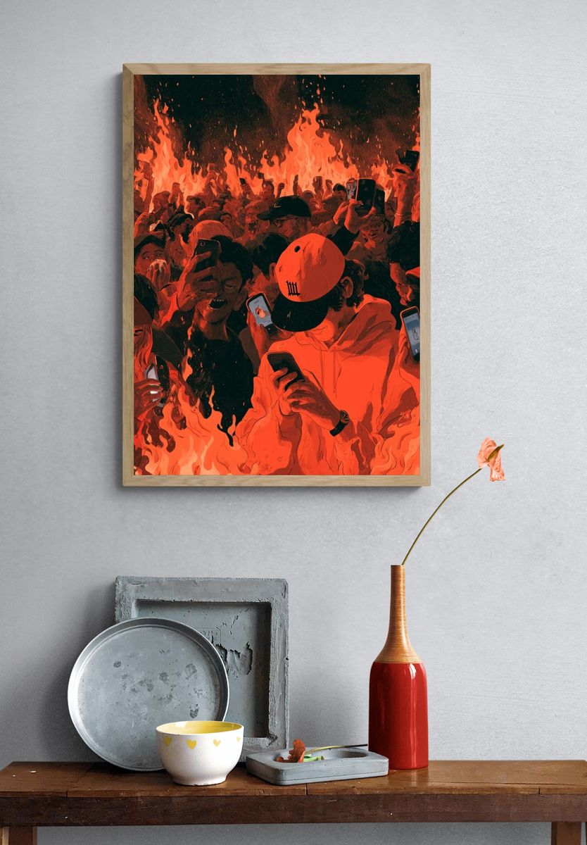 Fiery Crowd Digital Art Poster. — room view 3