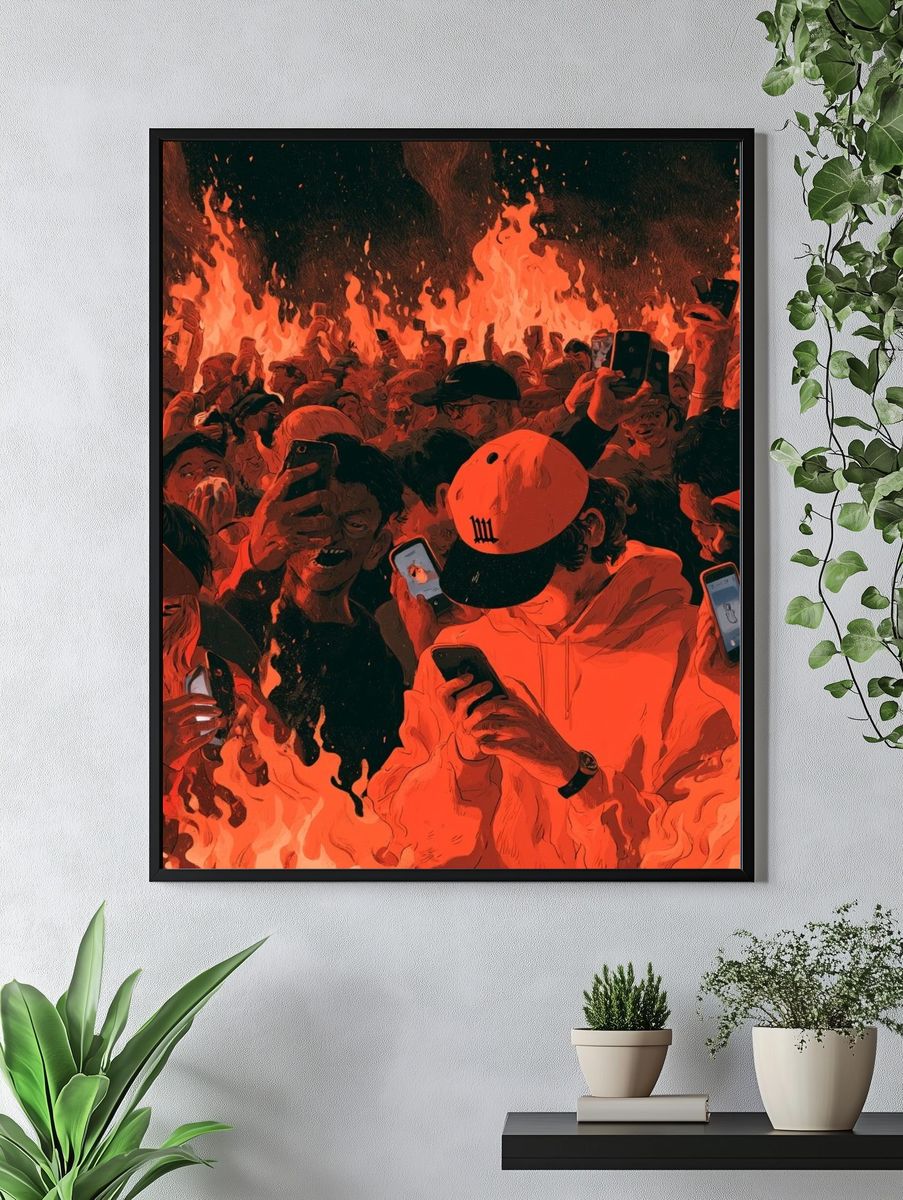 Fiery Crowd Digital Art Poster. — room view 4