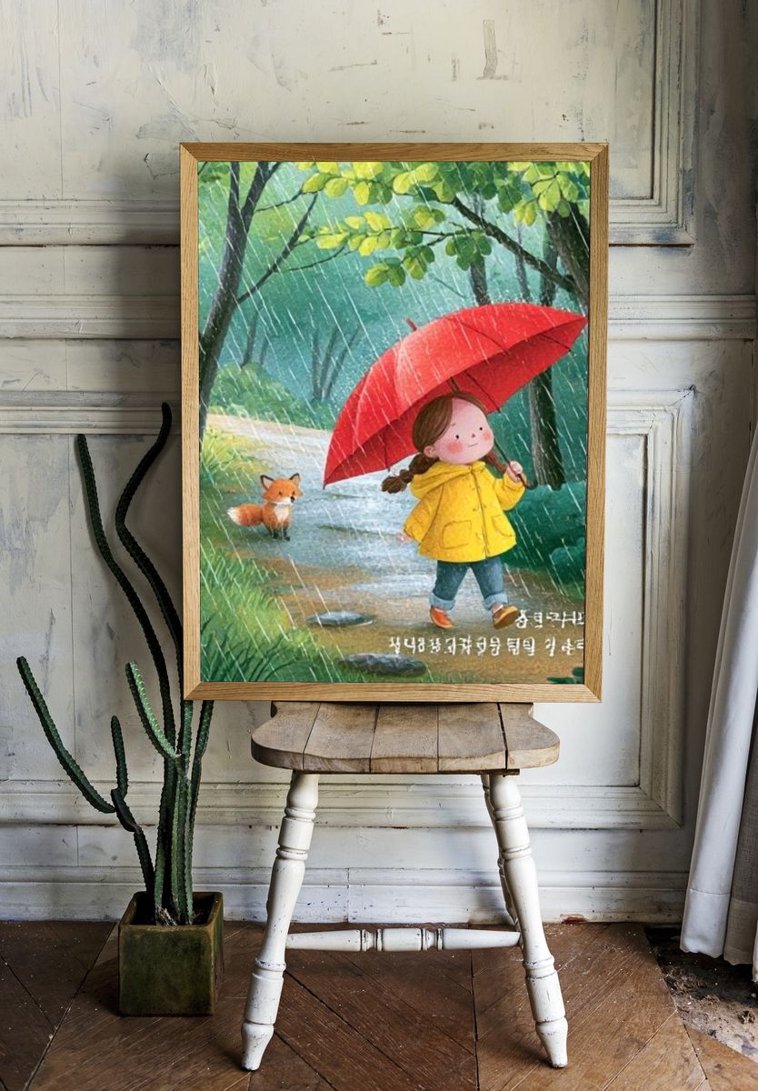 Girl with Red Umbrella Illustration Poster. — room view 1