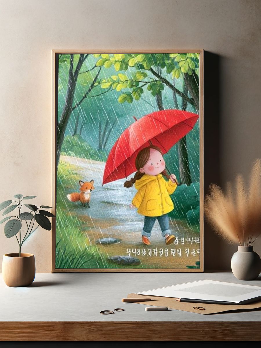 Girl with Red Umbrella Illustration Poster. — room view 2