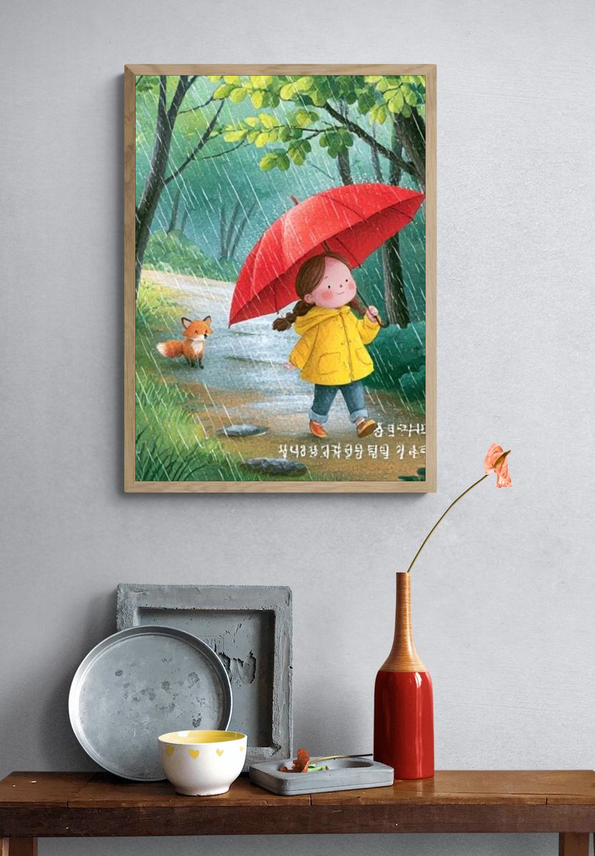 Girl with Red Umbrella Illustration Poster. — room view 3