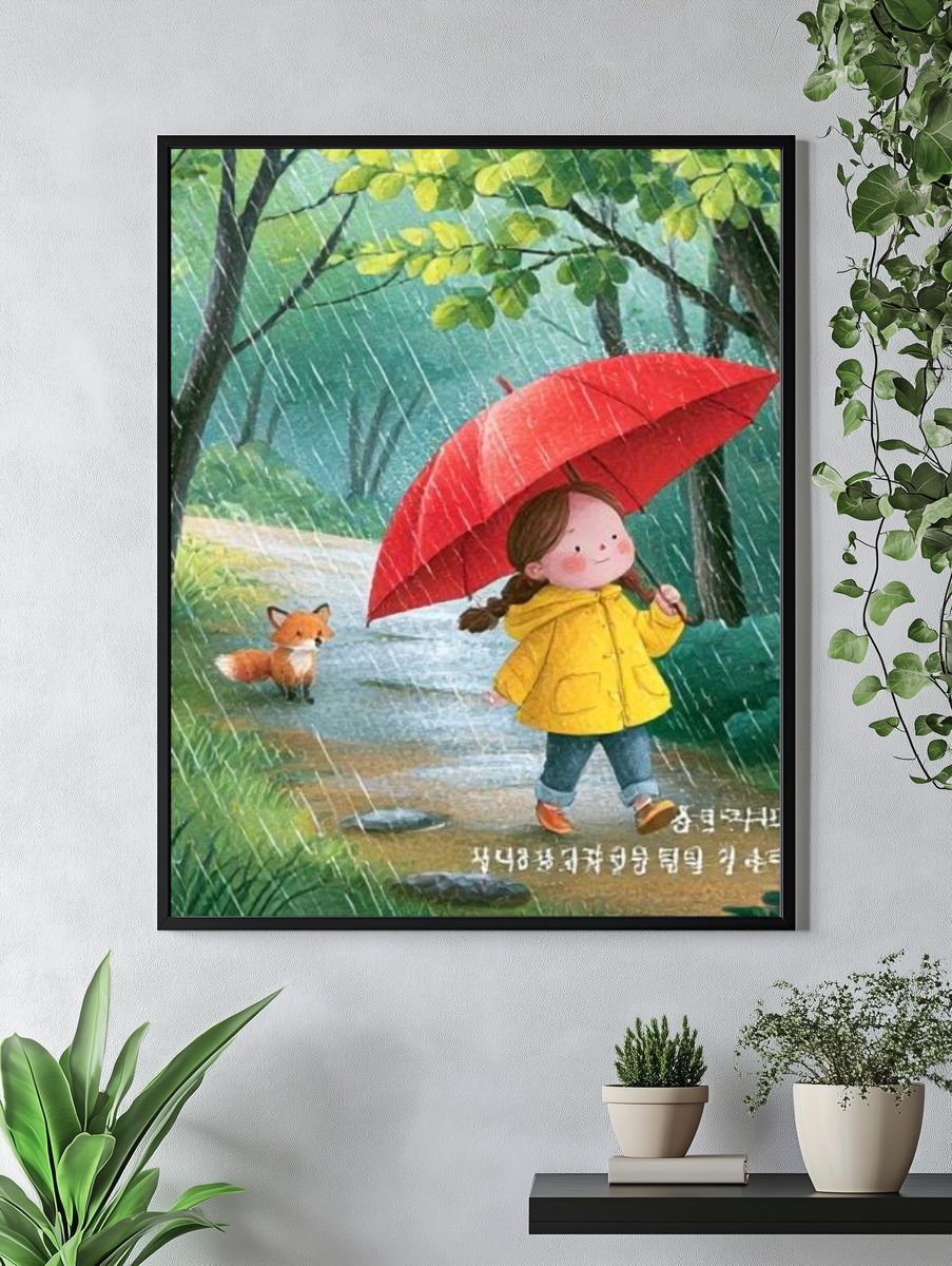 Girl with Red Umbrella Illustration Poster. — room view 4