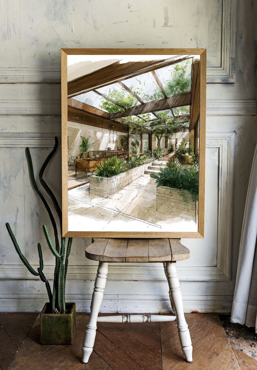 Sunlit Indoor Garden Illustration Poster. — room view 1