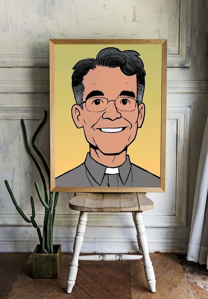 Smiling Priest Portrait Print. — room view 1