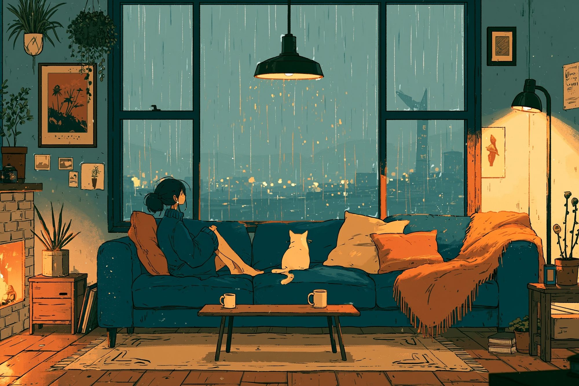 Cozy Rainy Living Room Illustration Poster. poster — illustration art