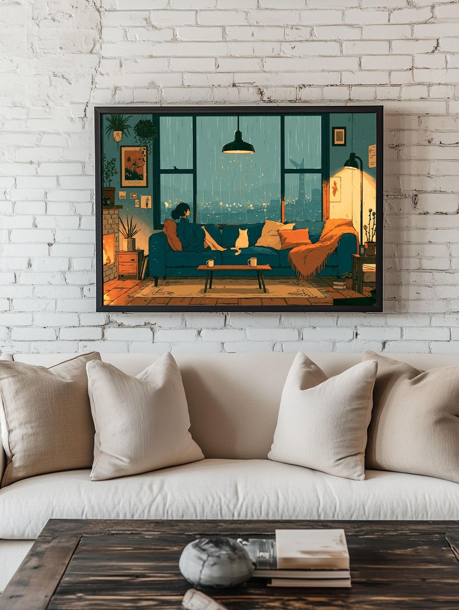 Cozy Rainy Living Room Illustration Poster. — room view 1
