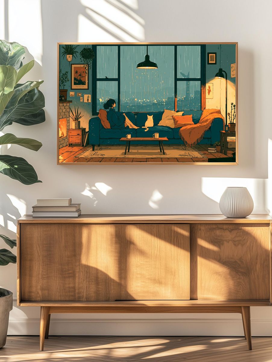 Cozy Rainy Living Room Illustration Poster. — room view 3