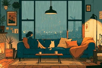 Cozy Rainy Living Room Illustration Poster.