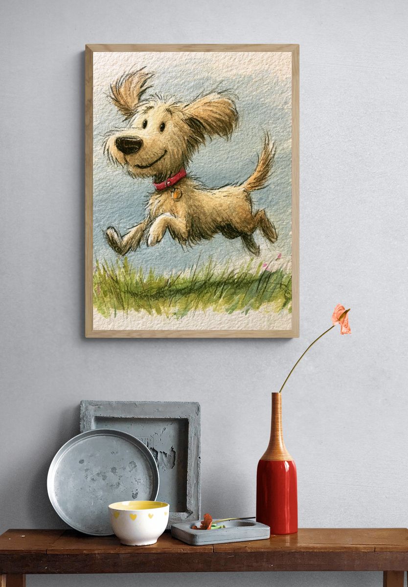 Playful Dog Watercolor Poster. — room view 3