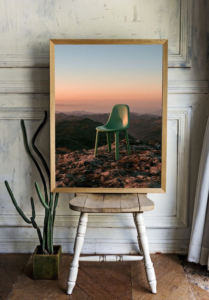 Solitary Chair at Sunset Print. — room view 1