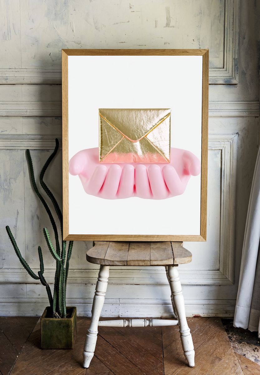 Golden Envelope in Pink Hands Poster. — room view 1