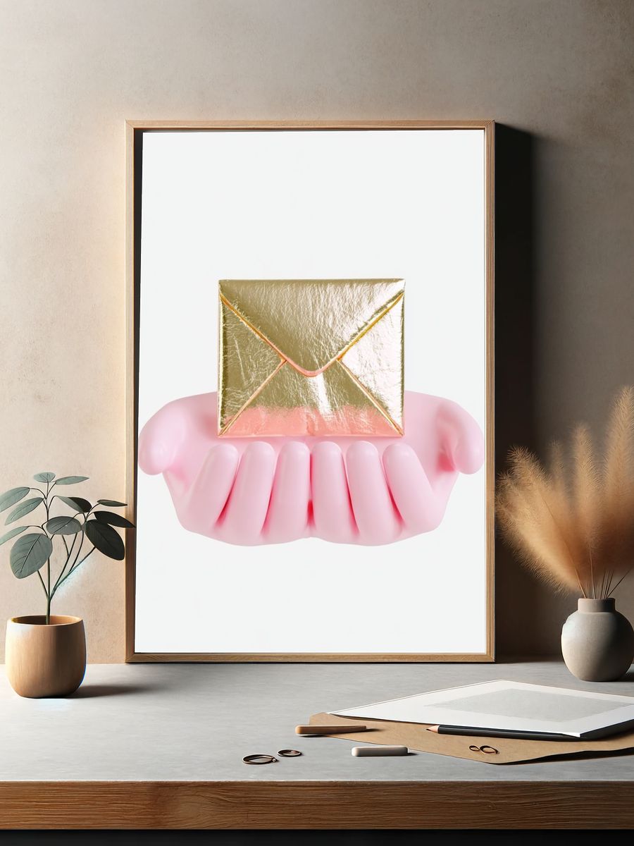 Golden Envelope in Pink Hands Poster. — room view 2