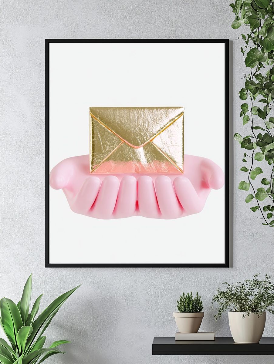 Golden Envelope in Pink Hands Poster. — room view 4