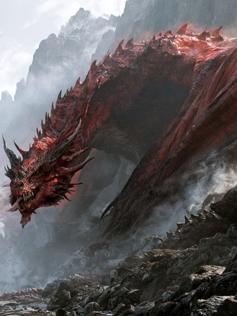 Red Dragon Mountain Fantasy Print. poster — illustration art