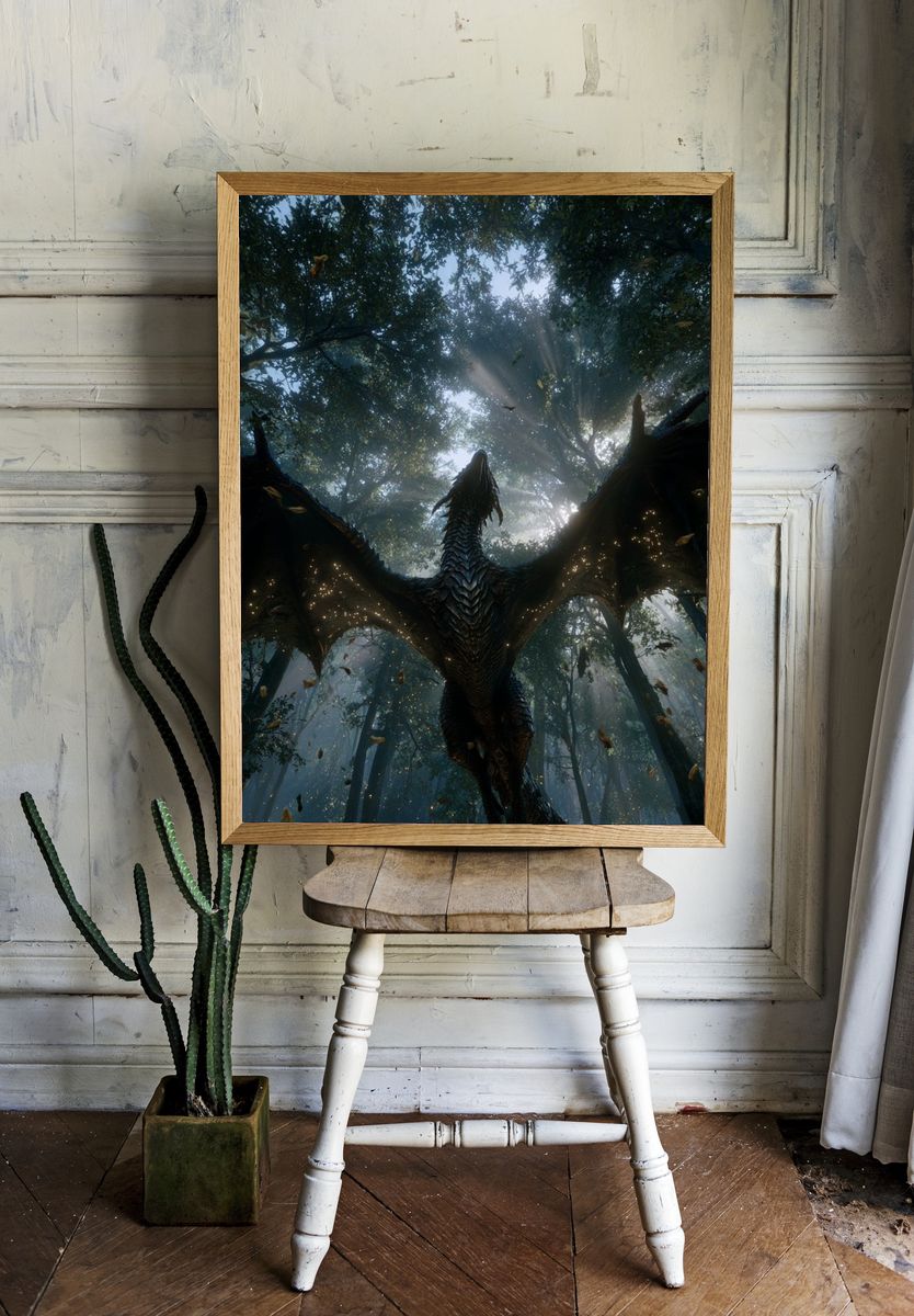 Dragon in Misty Forest Illustration Poster. room preview