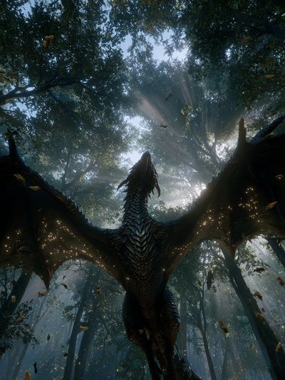 Dragon in Misty Forest Illustration Poster. poster print