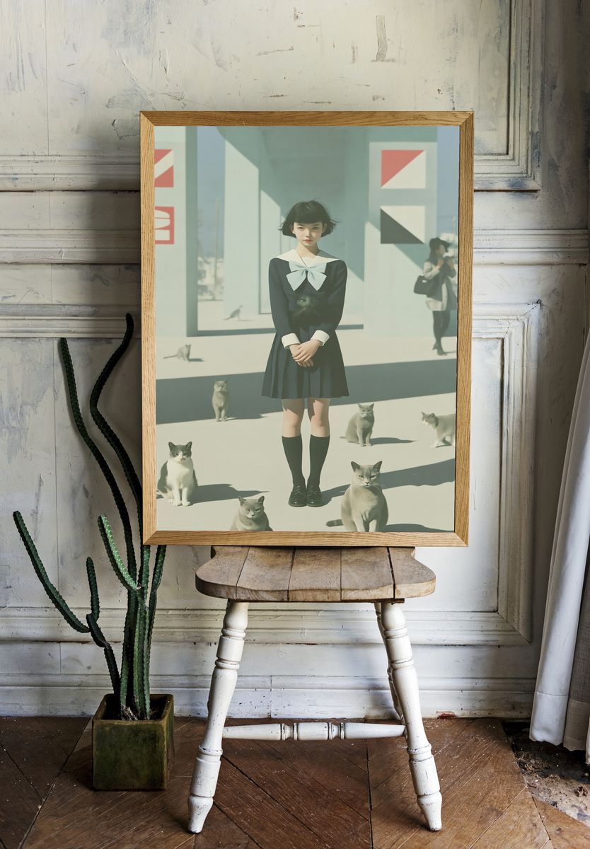 Girl with Cats Surreal Illustration Poster. room preview
