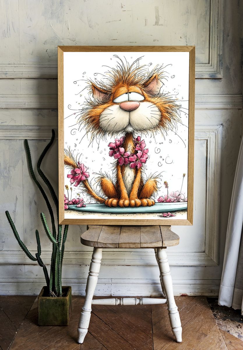 Flower Cat Cartoon Print. room preview