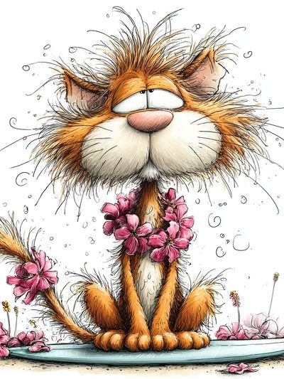 Flower Cat Cartoon Print. poster print