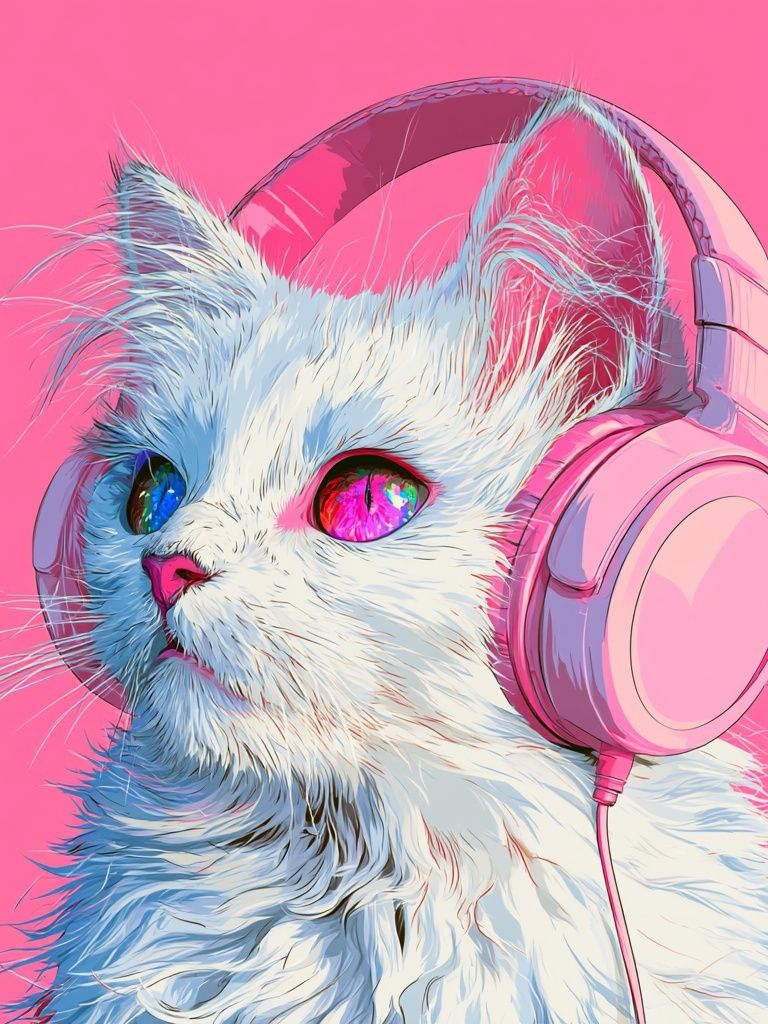 Cat with Headphones Illustration Poster. poster detail
