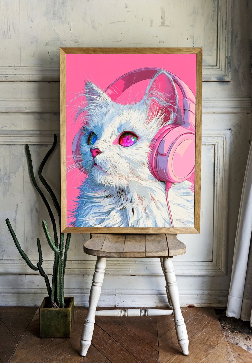 Cat with Headphones Illustration Poster. — room view 1