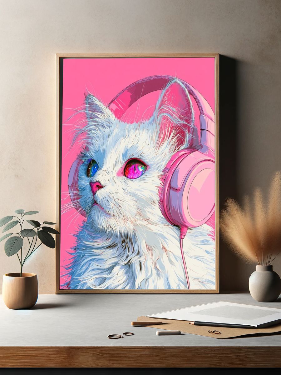 Cat with Headphones Illustration Poster. — room view 2