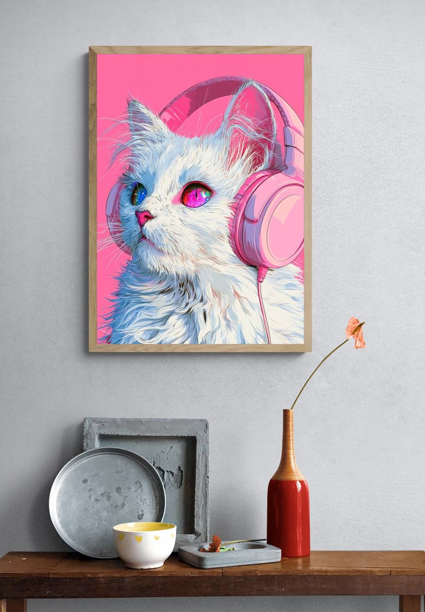 Cat with Headphones Illustration Poster. — room view 3