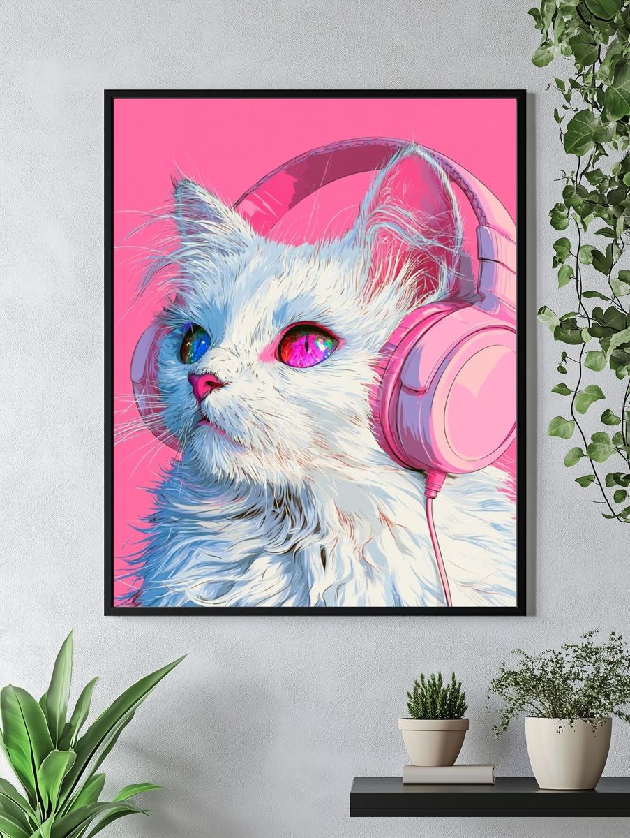 Cat with Headphones Illustration Poster. — room view 4