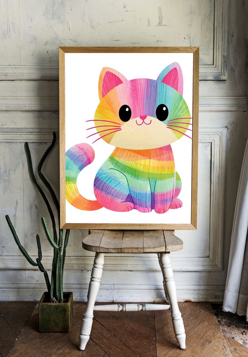 Rainbow Cat Illustration Poster. — room view 1