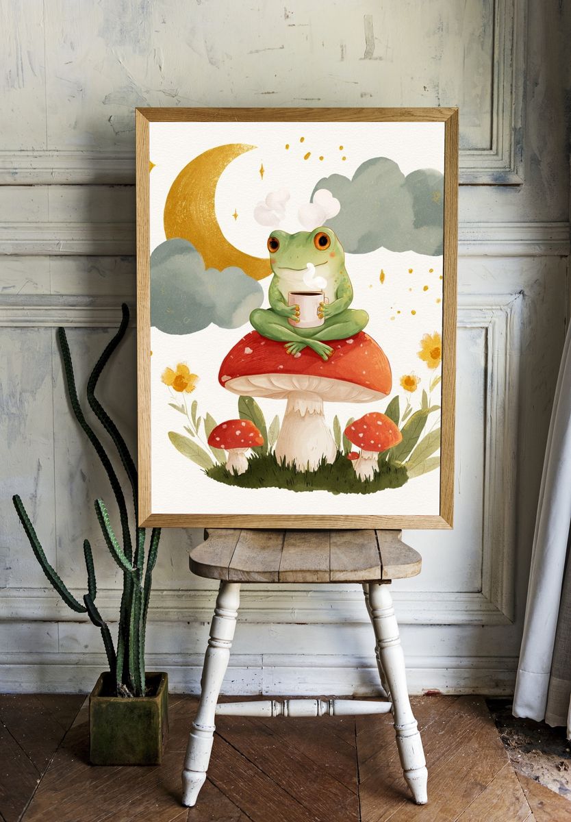 Frog on Mushroom Watercolor Poster. — room view 1