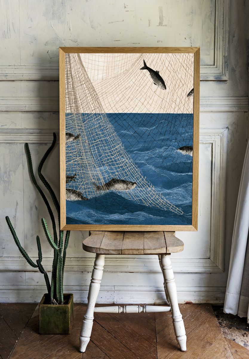 Fishing Net and Fish Illustration Poster. — room view 1