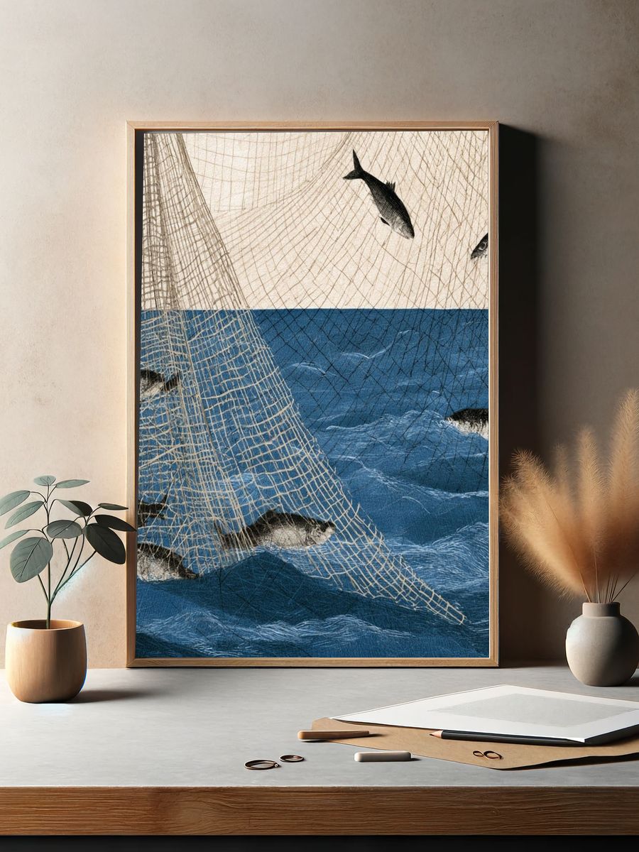 Fishing Net and Fish Illustration Poster. — room view 2