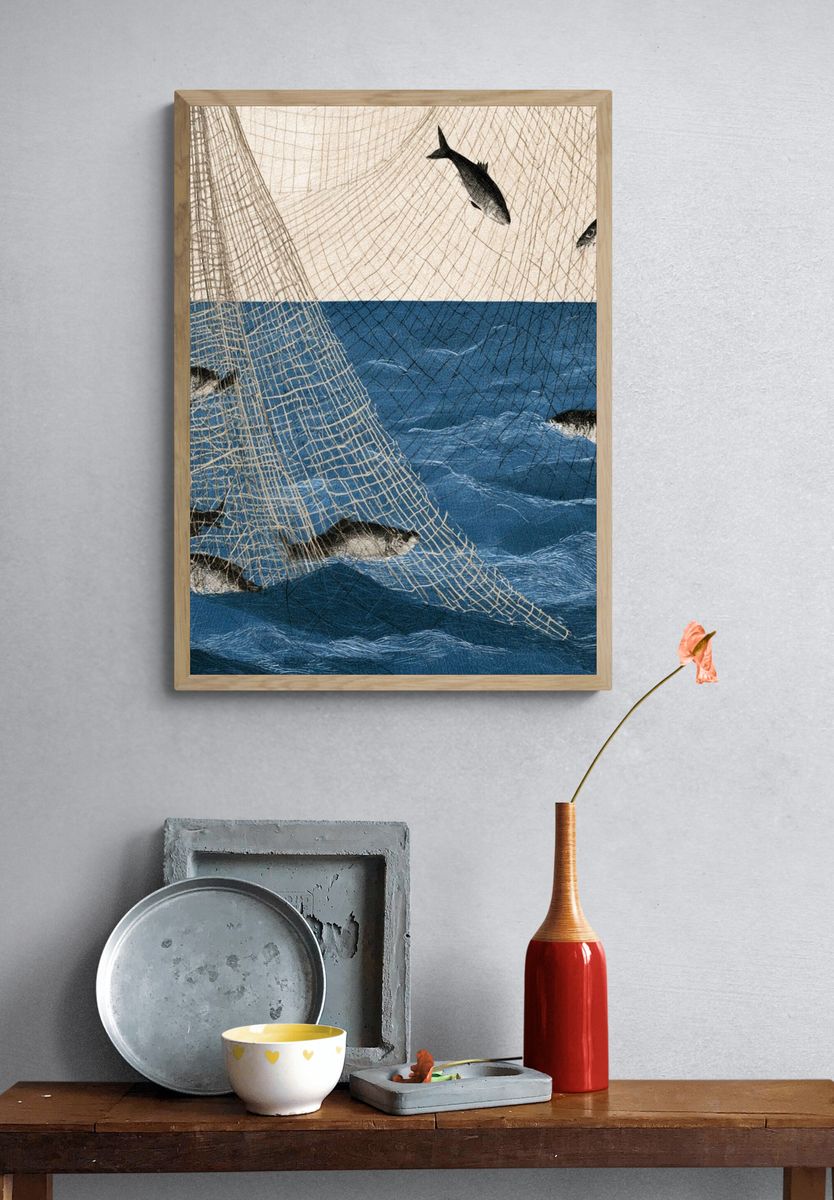 Fishing Net and Fish Illustration Poster. — room view 3