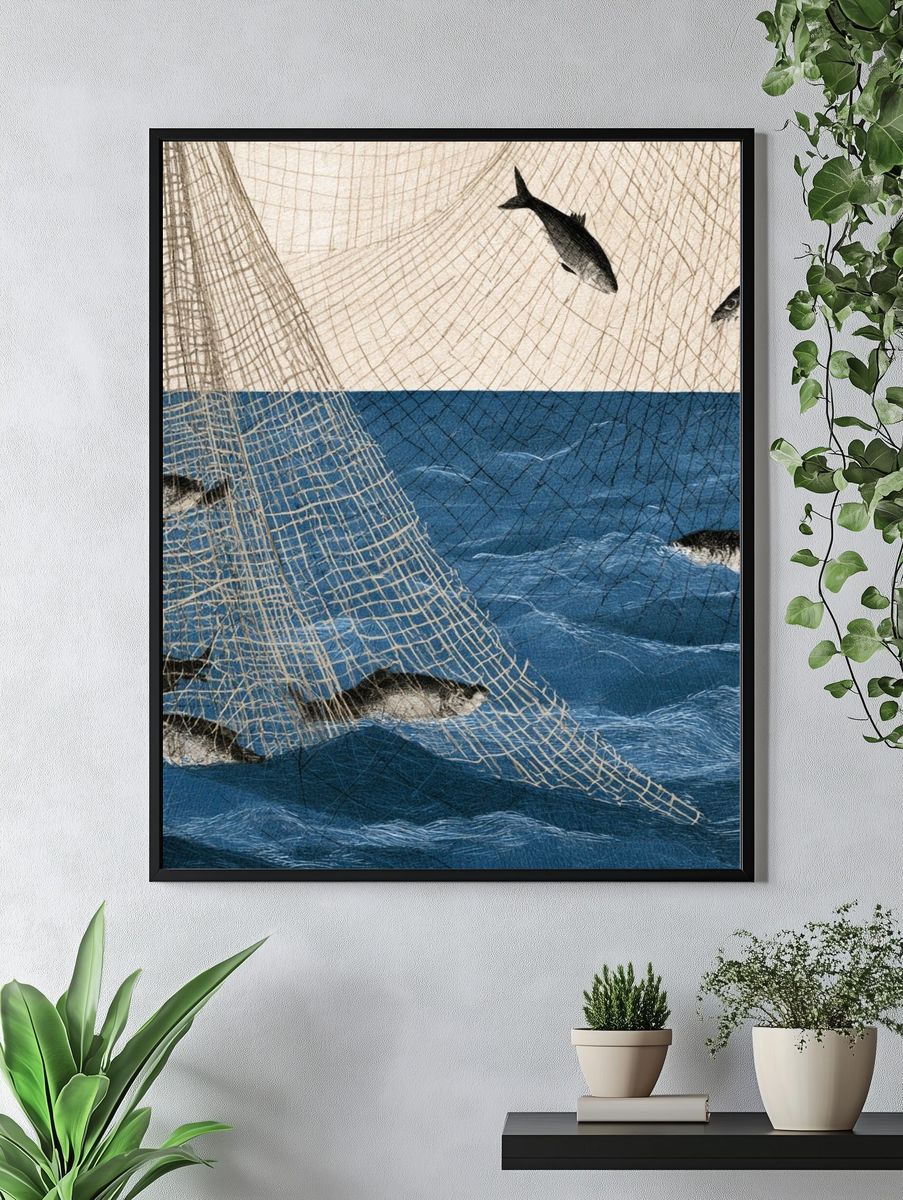 Fishing Net and Fish Illustration Poster. — room view 4